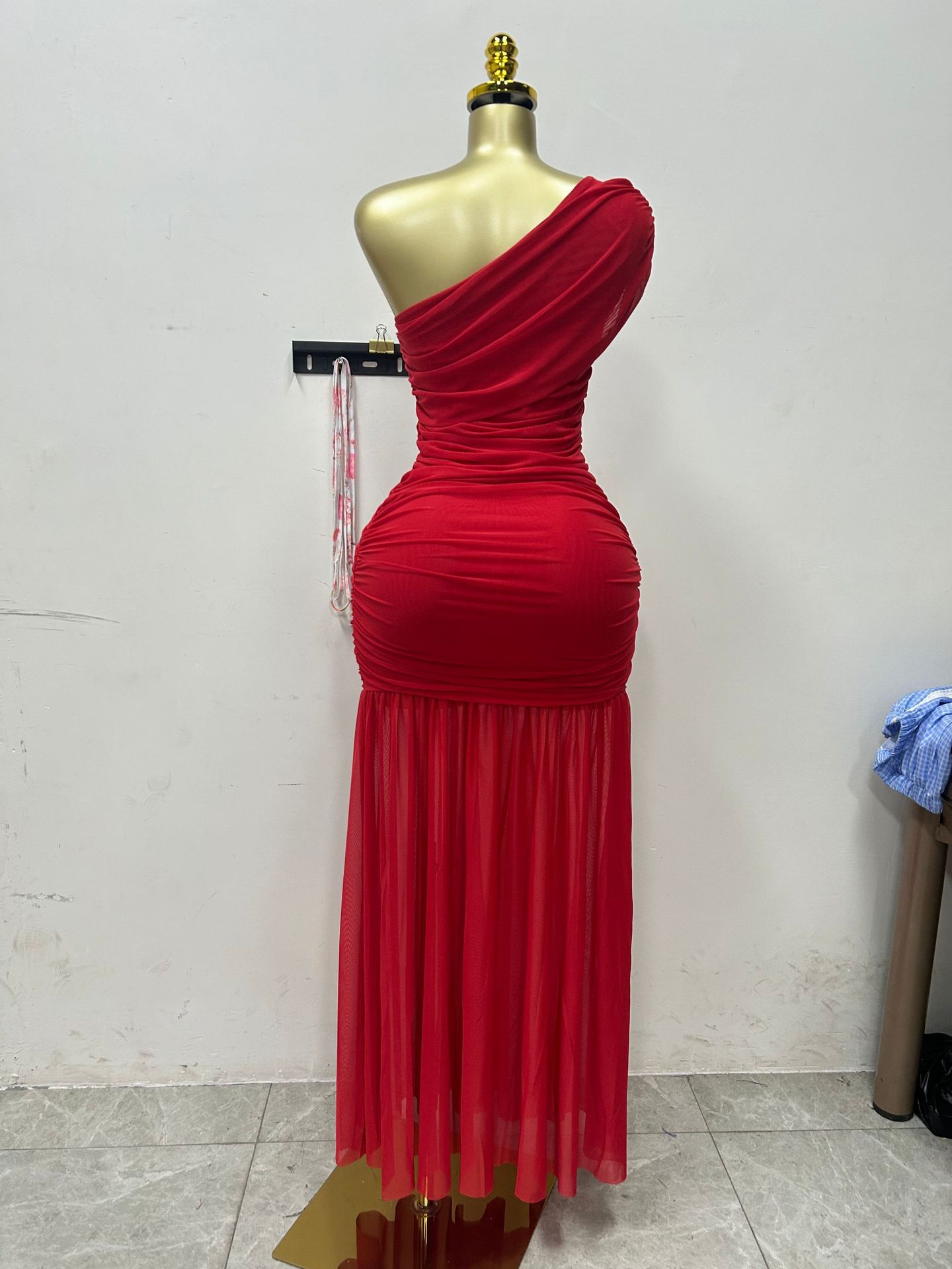 CM.YAYA Women One Shoulder Skew Neck High Split Pleated Hem Bodycon Long Maxi Dress 2025 Evening Sexy Club Party Dresses Vestido