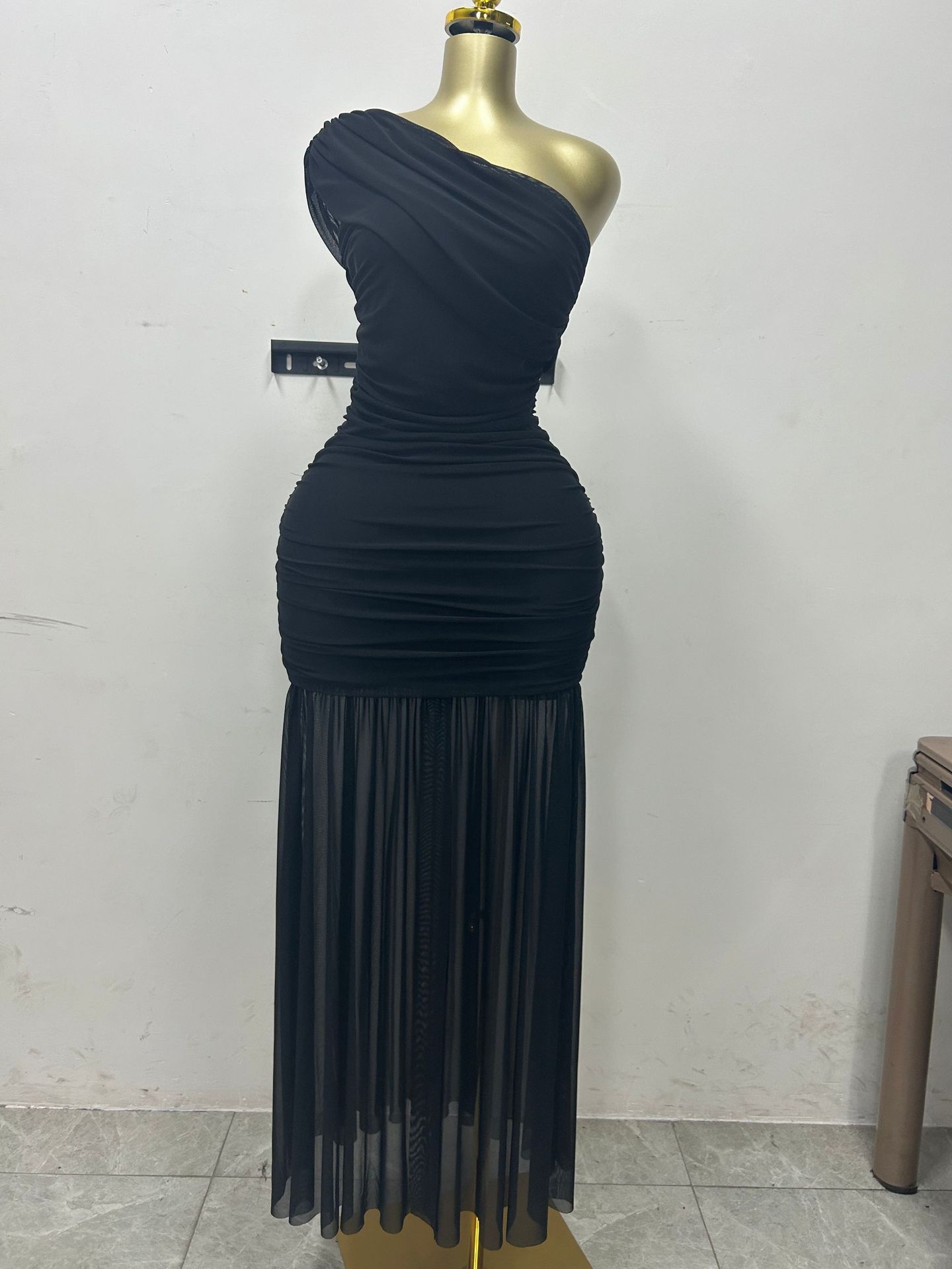 CM.YAYA Women One Shoulder Skew Neck High Split Pleated Hem Bodycon Long Maxi Dress 2025 Evening Sexy Club Party Dresses Vestido