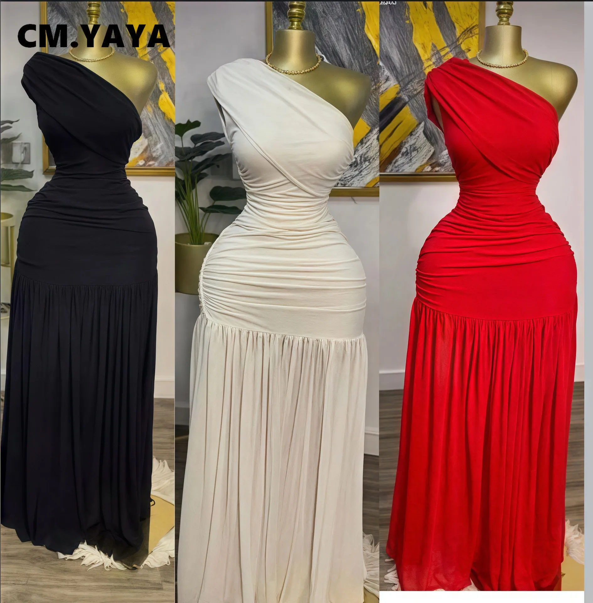 CM.YAYA Women One Shoulder Skew Neck High Split Pleated Hem Bodycon Long Maxi Dress 2025 Evening Sexy Club Party Dresses Vestido