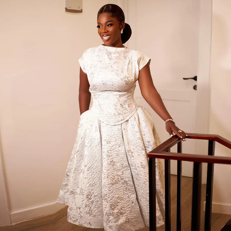 CM.YAYA Short Sleeve Elegant Women Long Dress Pockets O-neck A-Line Mid-Length Dresses 2024 Summer Beach Party Streetwear