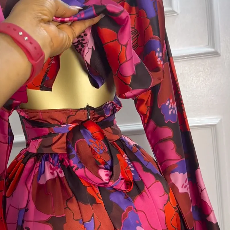 CM.YAYA Women V-neck Long Sleeve Pleated Floral Print Mini Dress Sweet elegant Sexy Birthday Beach Night Party Vestidos Dresses