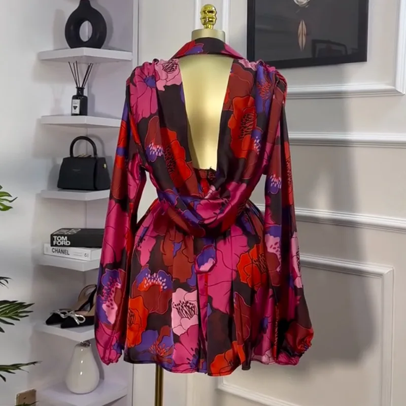 CM.YAYA Women V-neck Long Sleeve Pleated Floral Print Mini Dress Sweet elegant Sexy Birthday Beach Night Party Vestidos Dresses