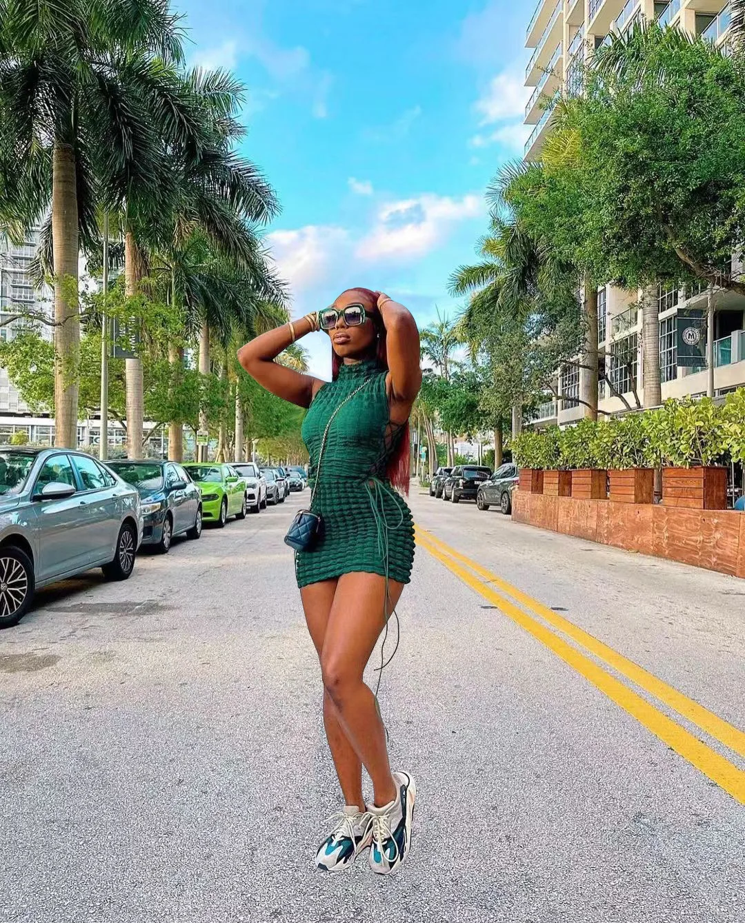 CM.YAYA Lace Up Side Hollow Out Seersucker Sleeveless Turtleneck Bodycon Midi Dress  Women 2022 Summer Chic Ins Dresses