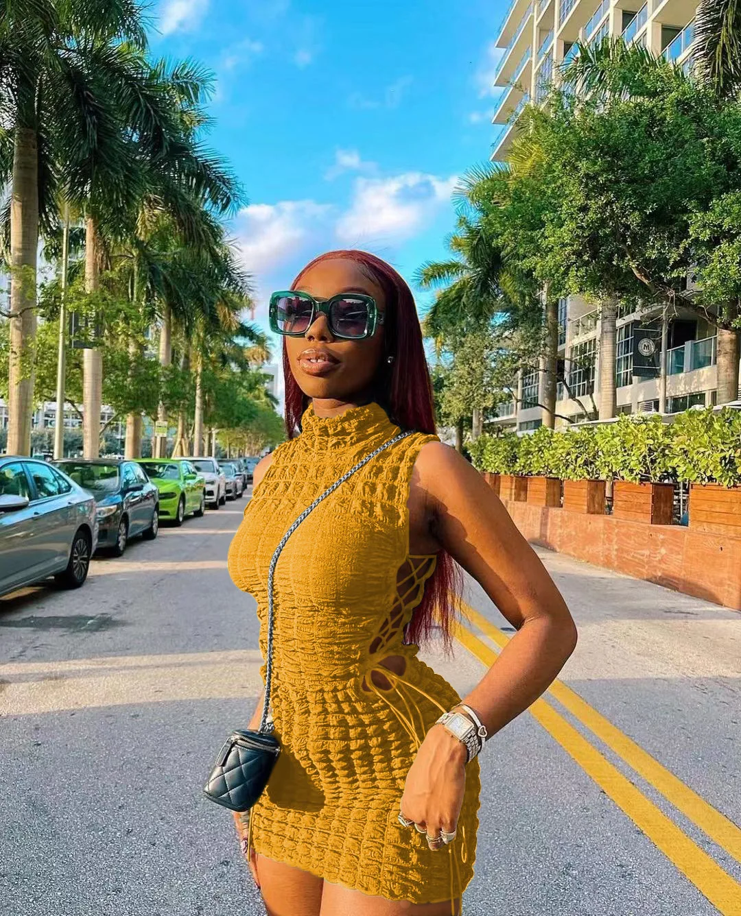 CM.YAYA Lace Up Side Hollow Out Seersucker Sleeveless Turtleneck Bodycon Midi Dress  Women 2022 Summer Chic Ins Dresses