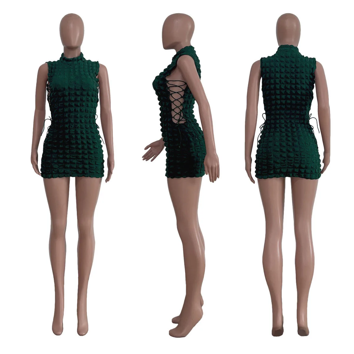 CM.YAYA Lace Up Side Hollow Out Seersucker Sleeveless Turtleneck Bodycon Midi Dress  Women 2022 Summer Chic Ins Dresses