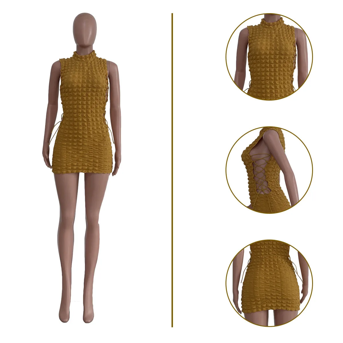 CM.YAYA Lace Up Side Hollow Out Seersucker Sleeveless Turtleneck Bodycon Midi Dress  Women 2022 Summer Chic Ins Dresses