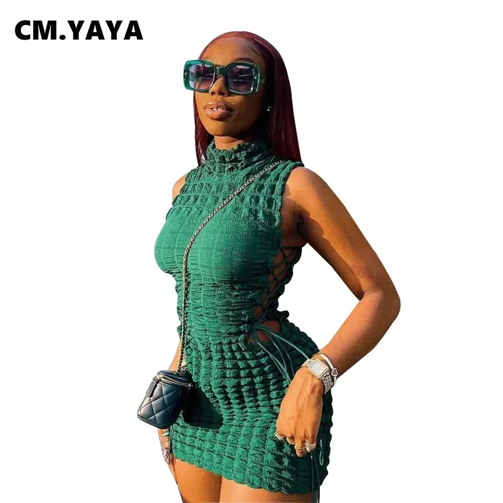CM.YAYA Lace Up Side Hollow Out Seersucker Sleeveless Turtleneck Bodycon Midi Dress  Women 2022 Summer Chic Ins Dresses