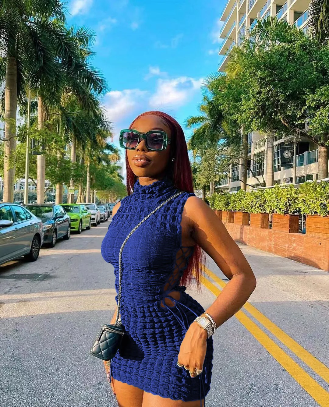 CM.YAYA Lace Up Side Hollow Out Seersucker Sleeveless Turtleneck Bodycon Midi Dress  Women 2022 Summer Chic Ins Dresses