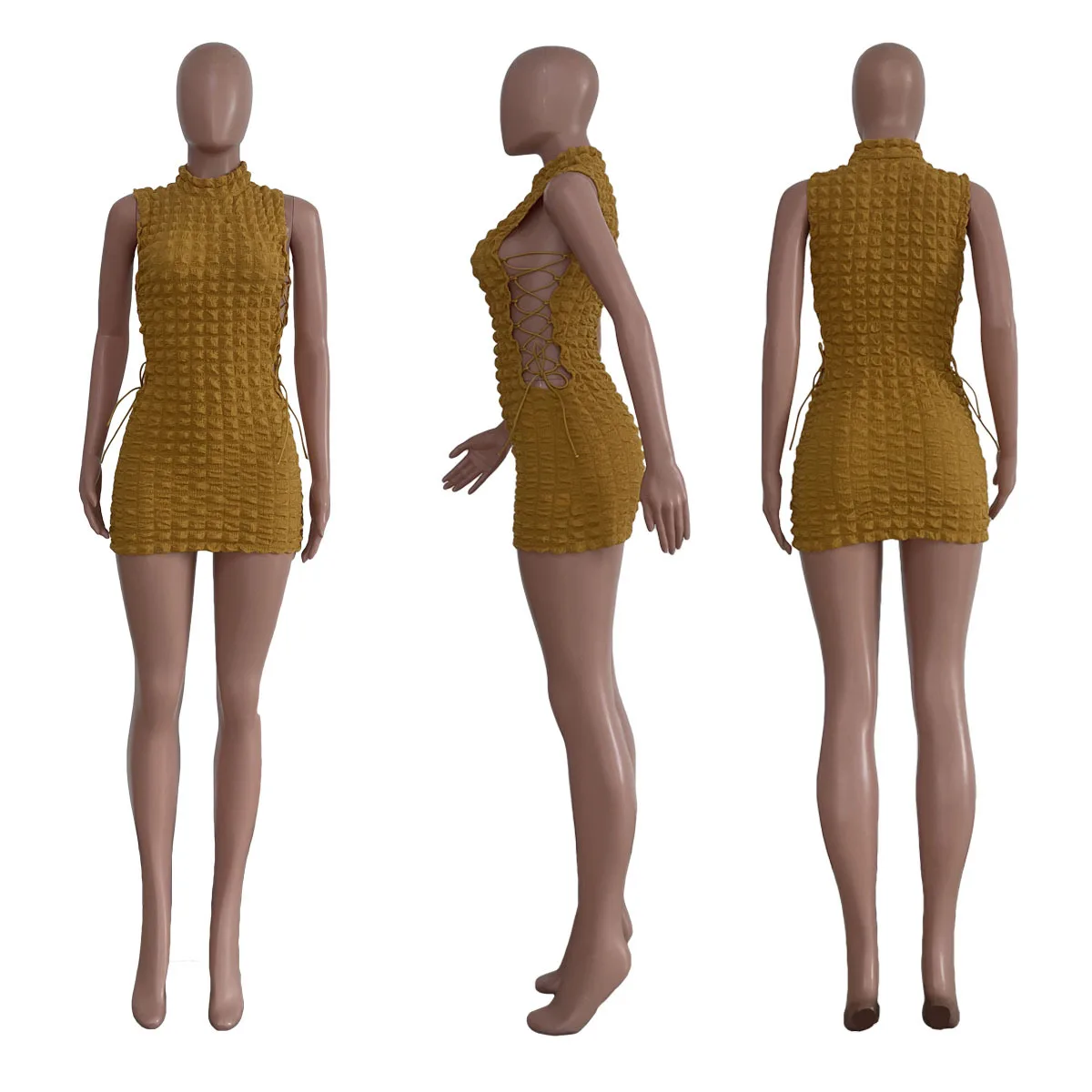 CM.YAYA Lace Up Side Hollow Out Seersucker Sleeveless Turtleneck Bodycon Midi Dress  Women 2022 Summer Chic Ins Dresses