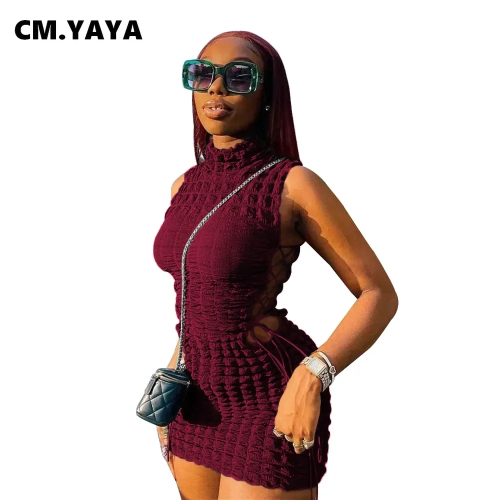 CM.YAYA Lace Up Side Hollow Out Seersucker Sleeveless Turtleneck Bodycon Midi Dress  Women 2022 Summer Chic Ins Dresses