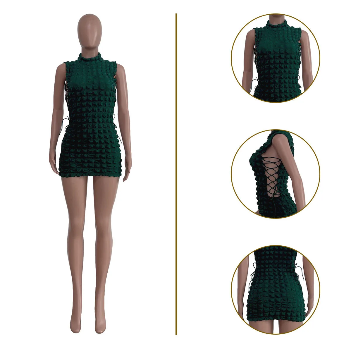 CM.YAYA Lace Up Side Hollow Out Seersucker Sleeveless Turtleneck Bodycon Midi Dress  Women 2022 Summer Chic Ins Dresses