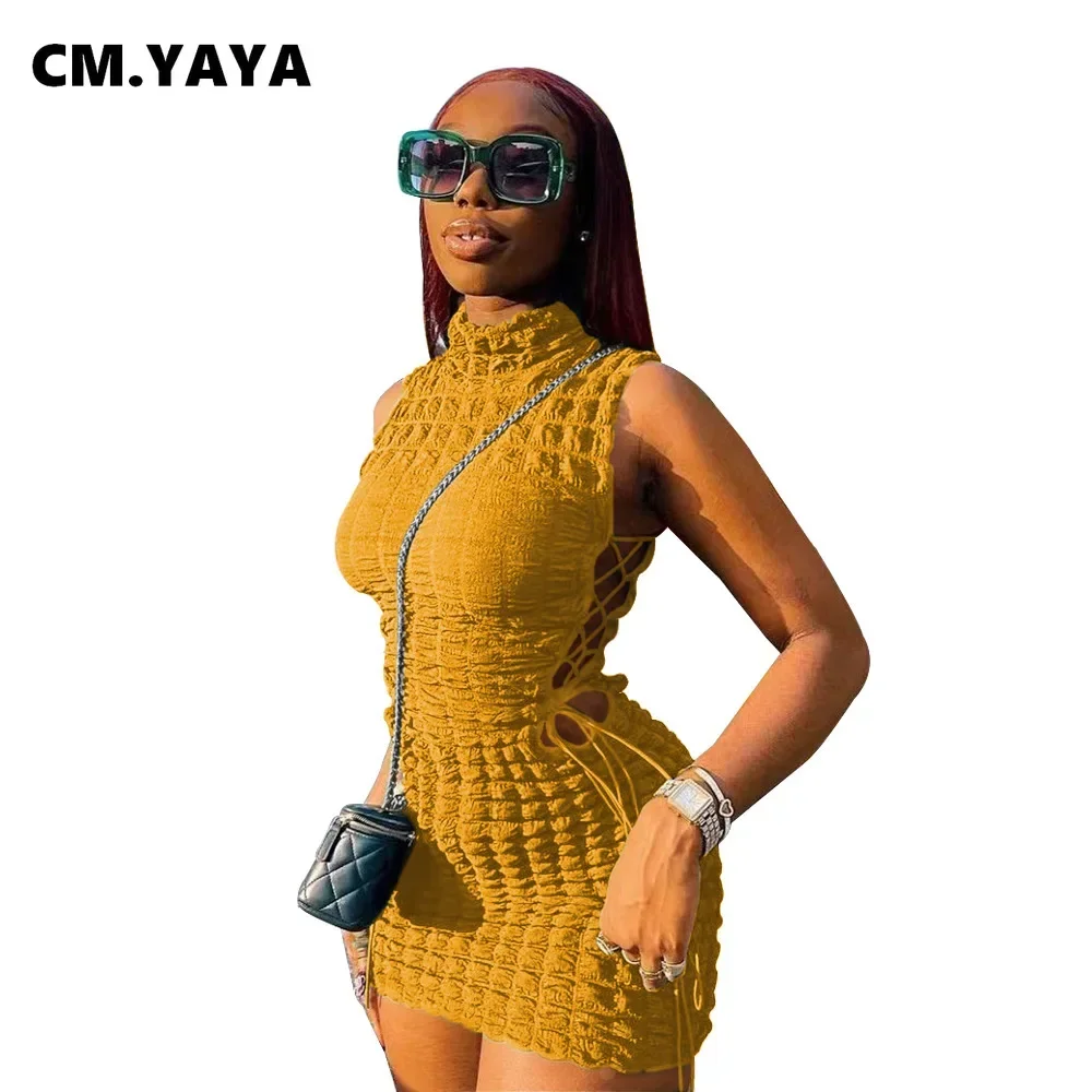 CM.YAYA Lace Up Side Hollow Out Seersucker Sleeveless Turtleneck Bodycon Midi Dress  Women 2022 Summer Chic Ins Dresses