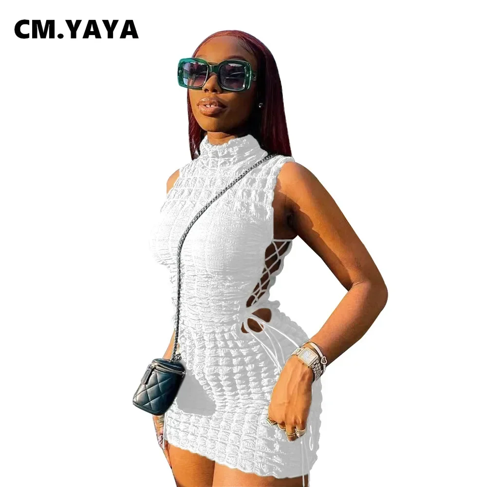 CM.YAYA Lace Up Side Hollow Out Seersucker Sleeveless Turtleneck Bodycon Midi Dress  Women 2022 Summer Chic Ins Dresses