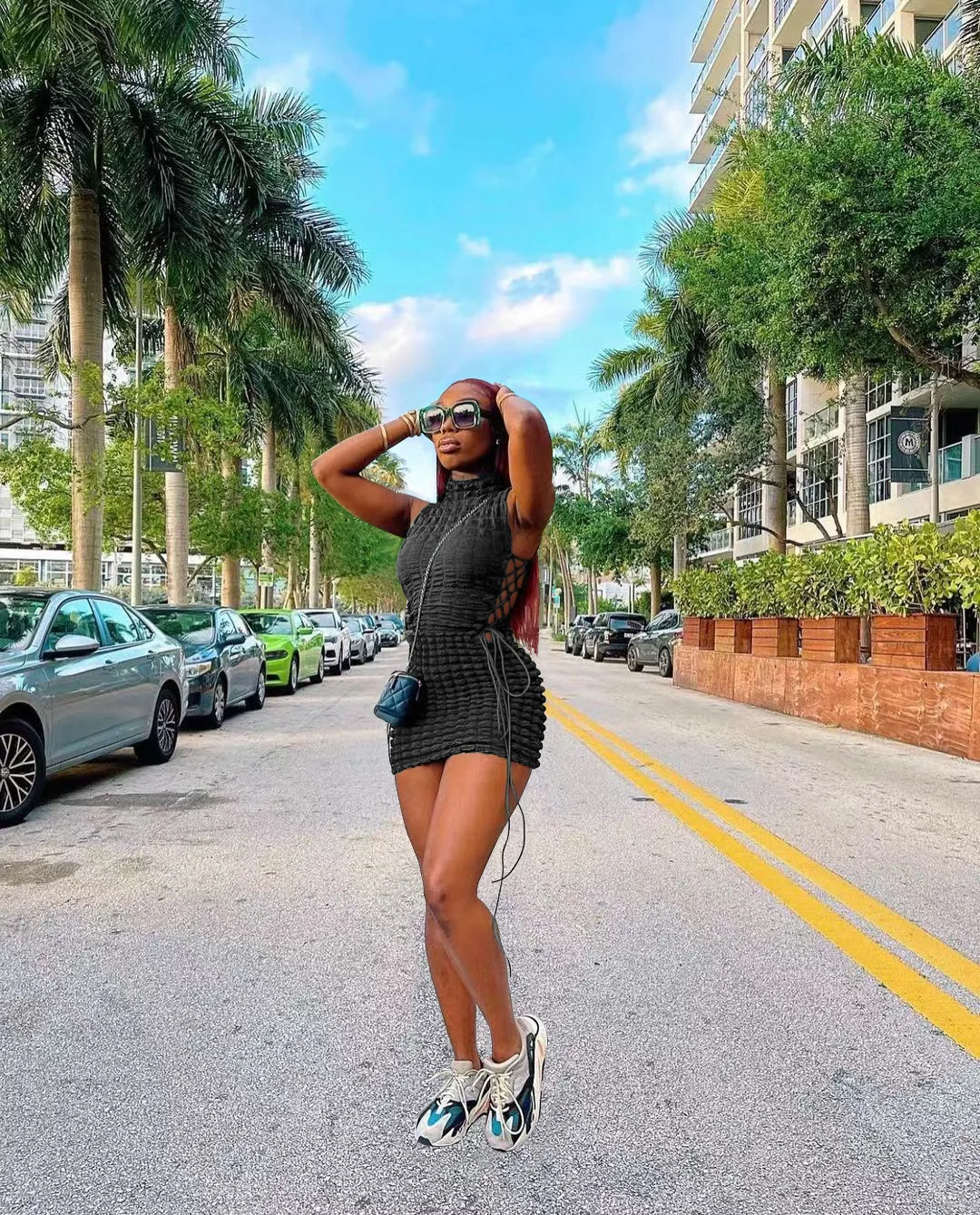 CM.YAYA Lace Up Side Hollow Out Seersucker Sleeveless Turtleneck Bodycon Midi Dress  Women 2022 Summer Chic Ins Dresses