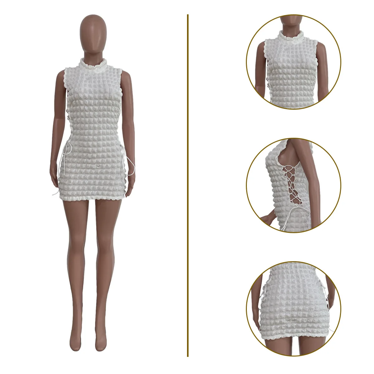 CM.YAYA Lace Up Side Hollow Out Seersucker Sleeveless Turtleneck Bodycon Midi Dress  Women 2022 Summer Chic Ins Dresses