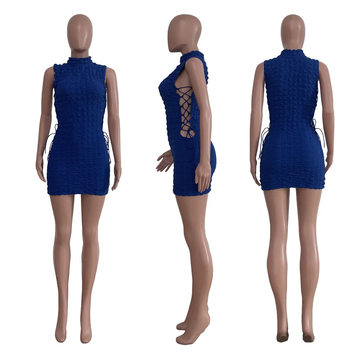 CM.YAYA Lace Up Side Hollow Out Seersucker Sleeveless Turtleneck Bodycon Midi Dress  Women 2022 Summer Chic Ins Dresses