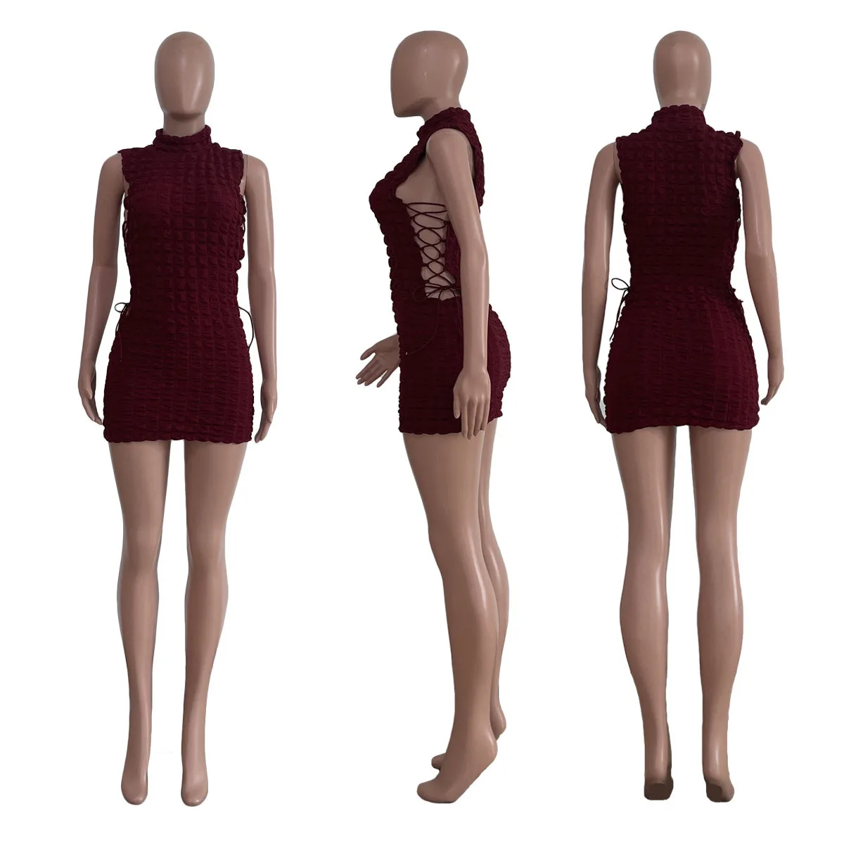 CM.YAYA Lace Up Side Hollow Out Seersucker Sleeveless Turtleneck Bodycon Midi Dress  Women 2022 Summer Chic Ins Dresses