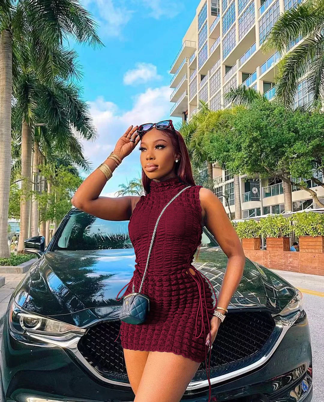 CM.YAYA Lace Up Side Hollow Out Seersucker Sleeveless Turtleneck Bodycon Midi Dress  Women 2022 Summer Chic Ins Dresses