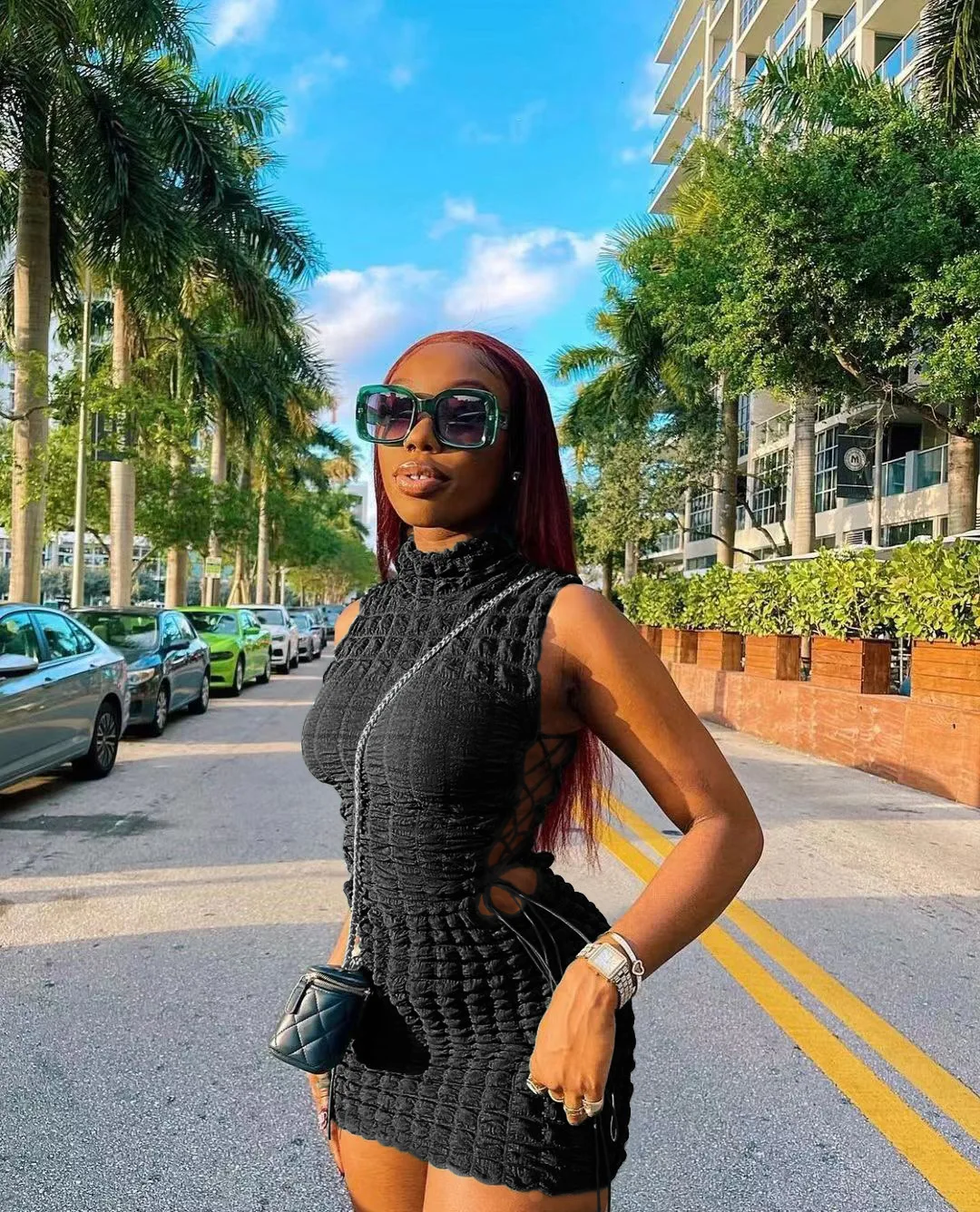 CM.YAYA Lace Up Side Hollow Out Seersucker Sleeveless Turtleneck Bodycon Midi Dress  Women 2022 Summer Chic Ins Dresses