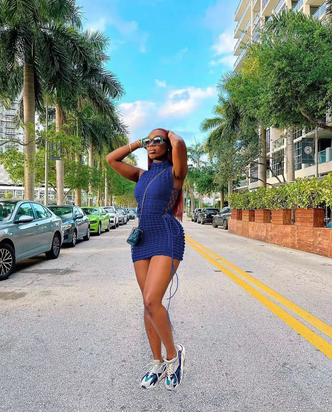 CM.YAYA Lace Up Side Hollow Out Seersucker Sleeveless Turtleneck Bodycon Midi Dress  Women 2022 Summer Chic Ins Dresses