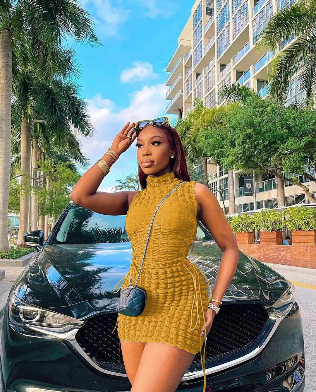 CM.YAYA Lace Up Side Hollow Out Seersucker Sleeveless Turtleneck Bodycon Midi Dress  Women 2022 Summer Chic Ins Dresses