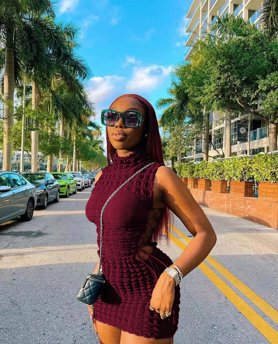 CM.YAYA Lace Up Side Hollow Out Seersucker Sleeveless Turtleneck Bodycon Midi Dress  Women 2022 Summer Chic Ins Dresses