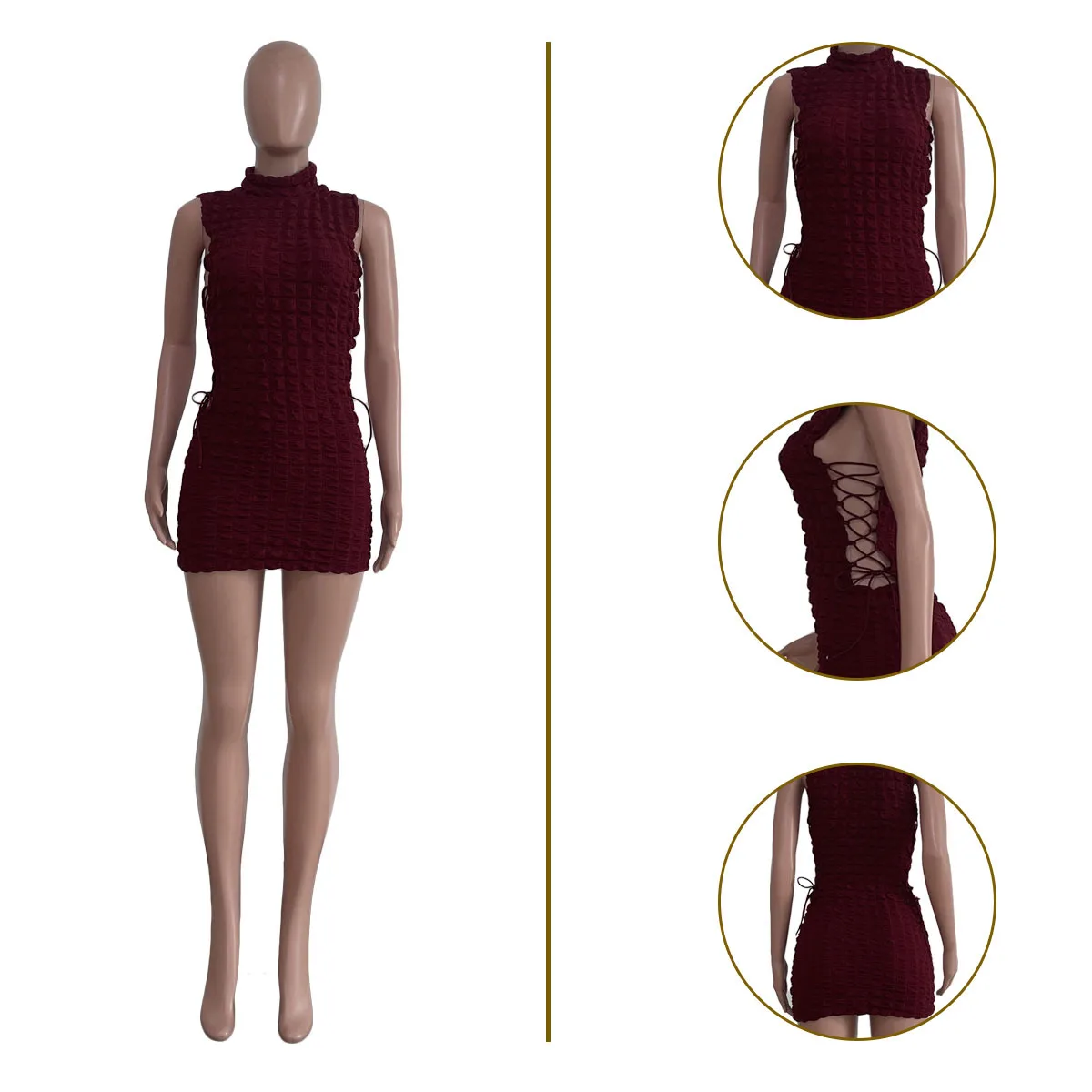 CM.YAYA Lace Up Side Hollow Out Seersucker Sleeveless Turtleneck Bodycon Midi Dress  Women 2022 Summer Chic Ins Dresses