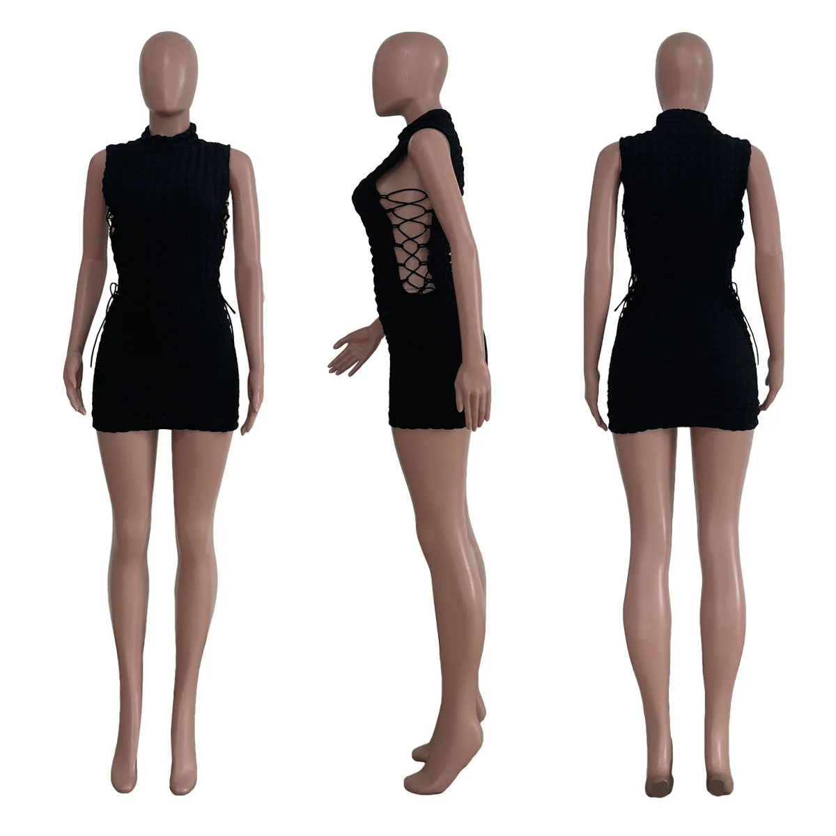 CM.YAYA Lace Up Side Hollow Out Seersucker Sleeveless Turtleneck Bodycon Midi Dress  Women 2022 Summer Chic Ins Dresses