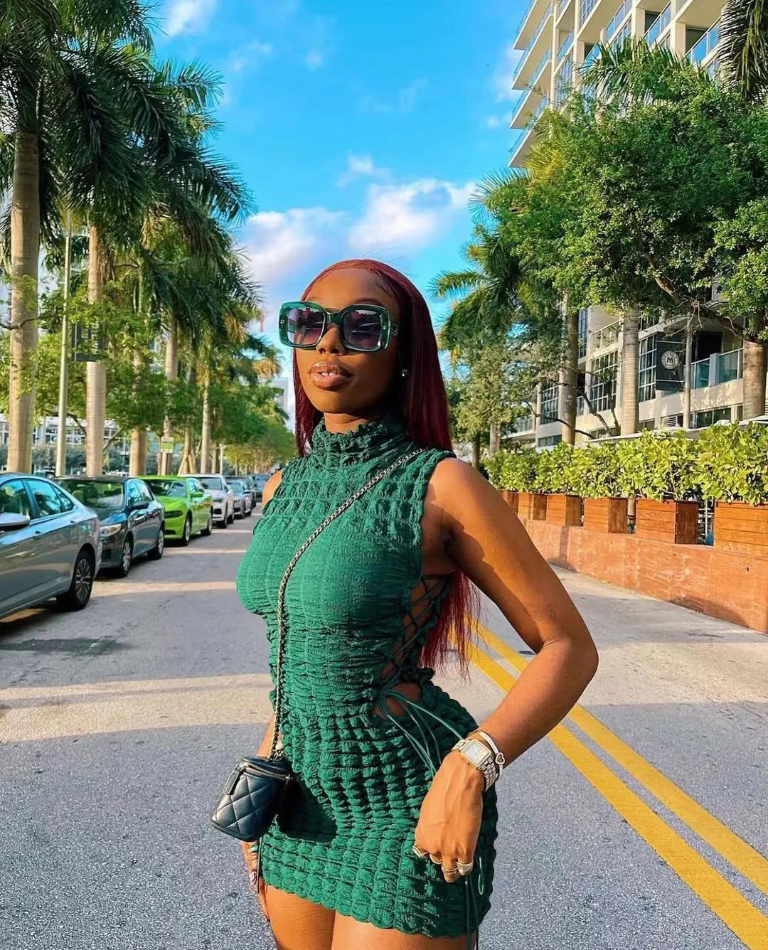 CM.YAYA Lace Up Side Hollow Out Seersucker Sleeveless Turtleneck Bodycon Midi Dress  Women 2022 Summer Chic Ins Dresses