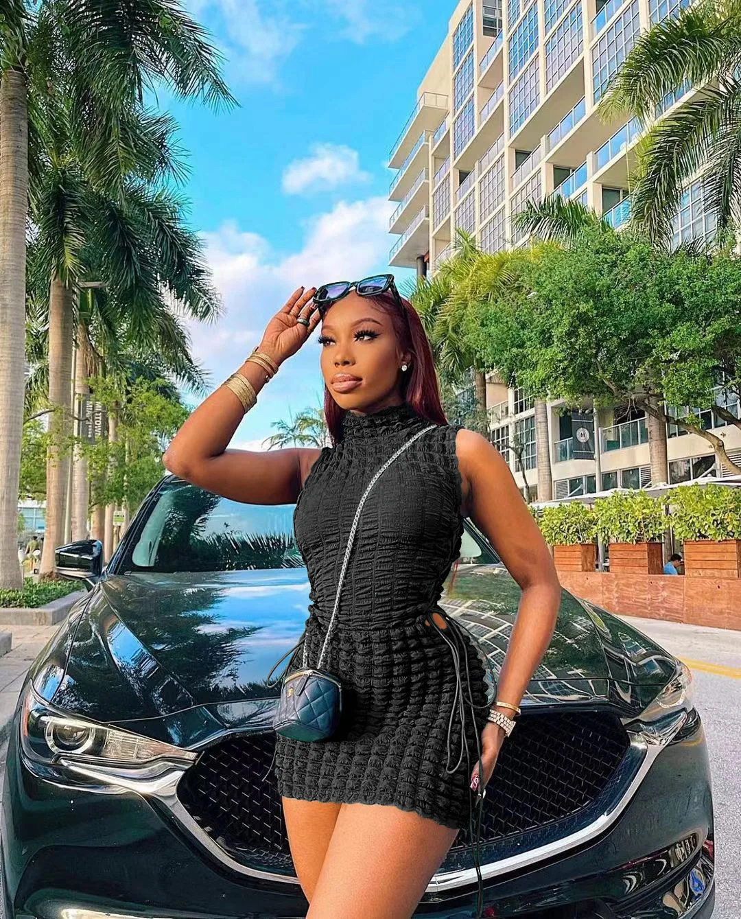 CM.YAYA Lace Up Side Hollow Out Seersucker Sleeveless Turtleneck Bodycon Midi Dress  Women 2022 Summer Chic Ins Dresses