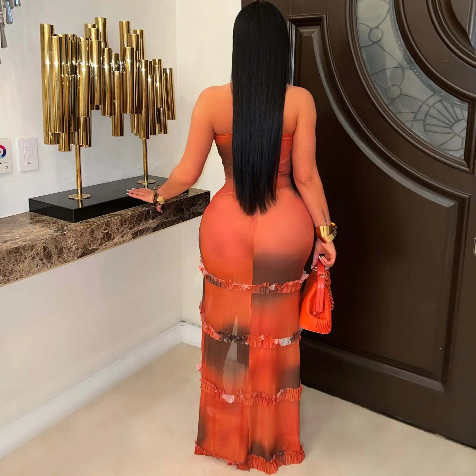 CM.YAYA Women V-neck Strap Tie-dye Print Long Dress Summer Streetwear Beach Evening Sexy Night Party Split Maxi Dresses Vestidos