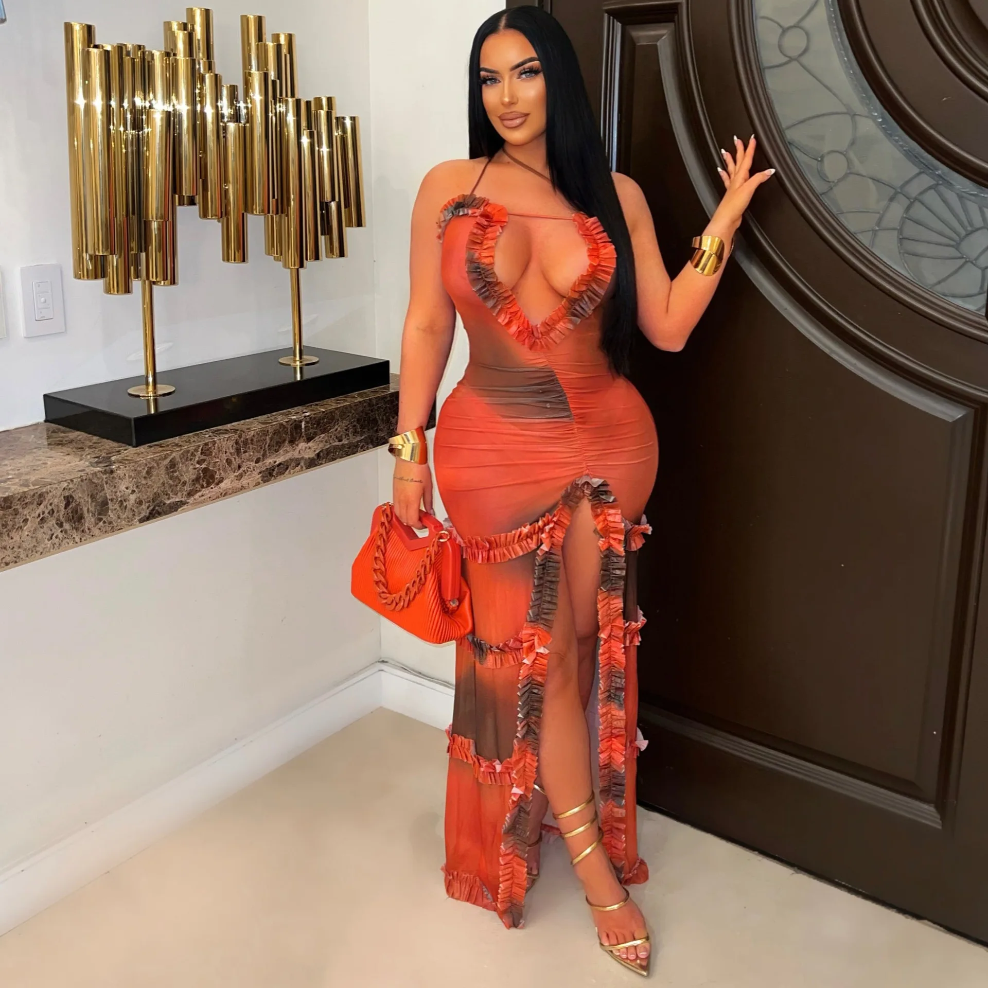 CM.YAYA Women V-neck Strap Tie-dye Print Long Dress Summer Streetwear Beach Evening Sexy Night Party Split Maxi Dresses Vestidos