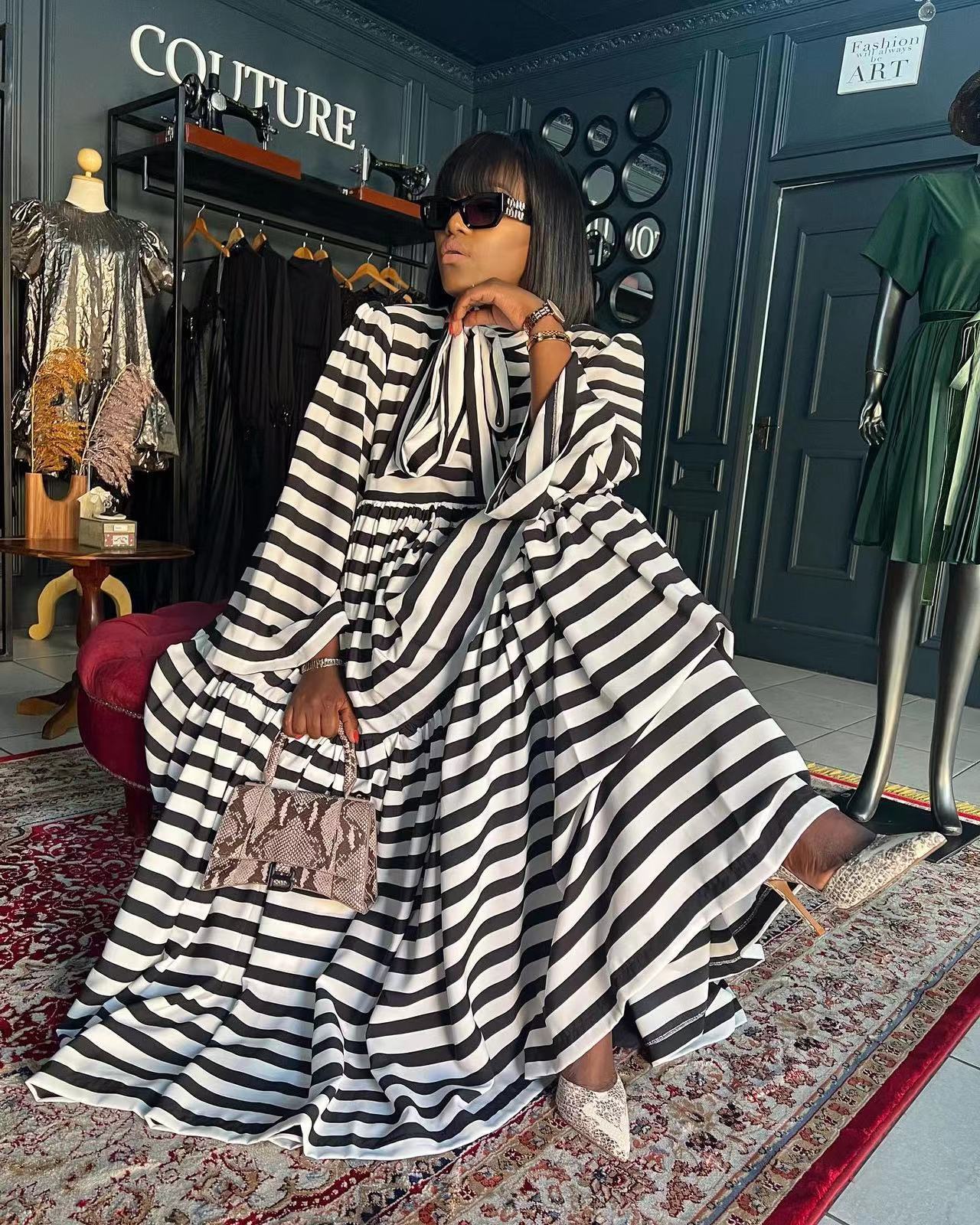 CM.YAYA Vintage Women Striped Bowknot Collar Long Sleeve High Waist Big Swing Babydoll Maxi Long Dress 2023 New Vestidos Dresses