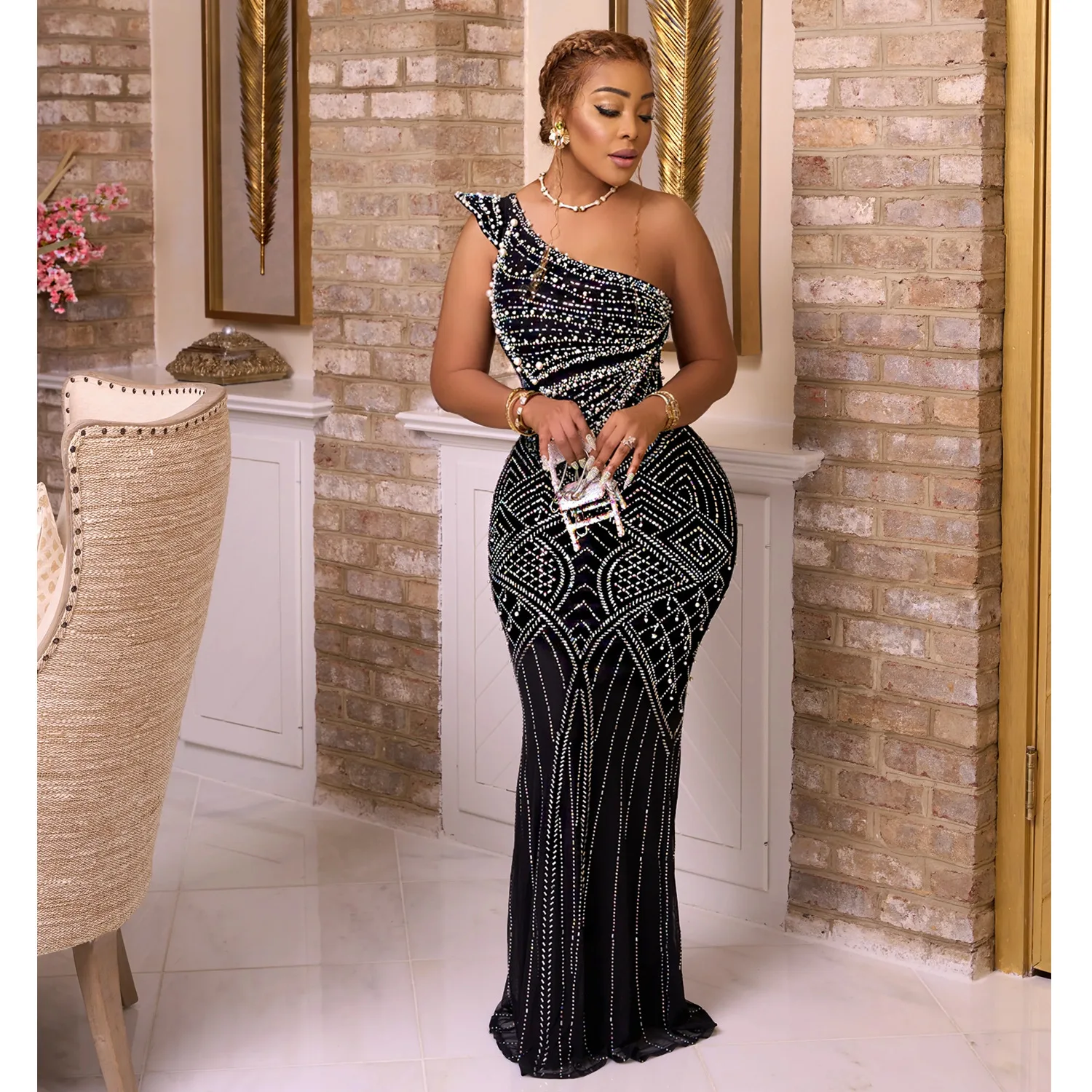 CM.YAYA Rhinestone Diagonal Collar Long Dress Women Sleeveless 2024 Spring Vestidos Sexy Party Club Birthday Evening Dresses CM.YAYA Rhinestone Diagonal Collar Long Dress Women Sleeveless 2024 Spring Vestidos Sexy Party Club Birthday Evening Dresses