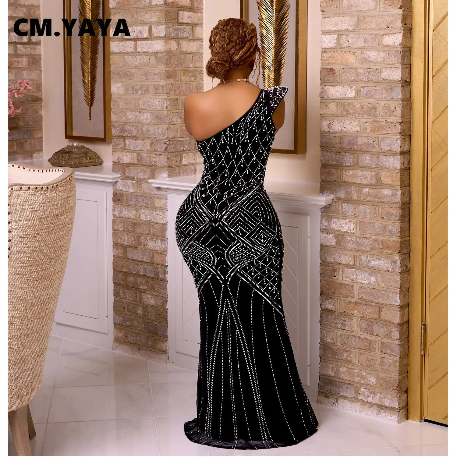 CM.YAYA Rhinestone Diagonal Collar Long Dress  Women Sleeveless 2024 Spring Vestidos Sexy Party Club Birthday Evening Dresses