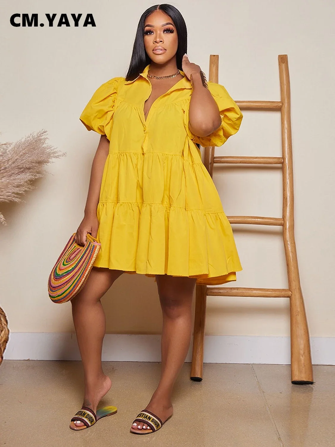 CM.YAYA Elegant Women Puff Sleeve Single Breasted Lapel Collar Babydoll Dress Street White Big Swing Loose Smock Shirt Dresses CM.YAYA Elegant Women Puff Sleeve Single Breasted Lapel Collar Babydoll Dress Street White Big Swing Loose Smock Shirt Dresses