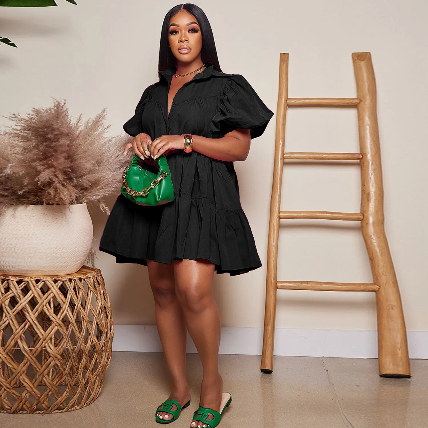 CM.YAYA Elegant Women Puff Sleeve Single Breasted Lapel Collar Babydoll Dress Street White Big Swing Loose Smock Shirt Dresses CM.YAYA Elegant Women Puff Sleeve Single Breasted Lapel Collar Babydoll Dress Street White Big Swing Loose Smock Shirt Dresses