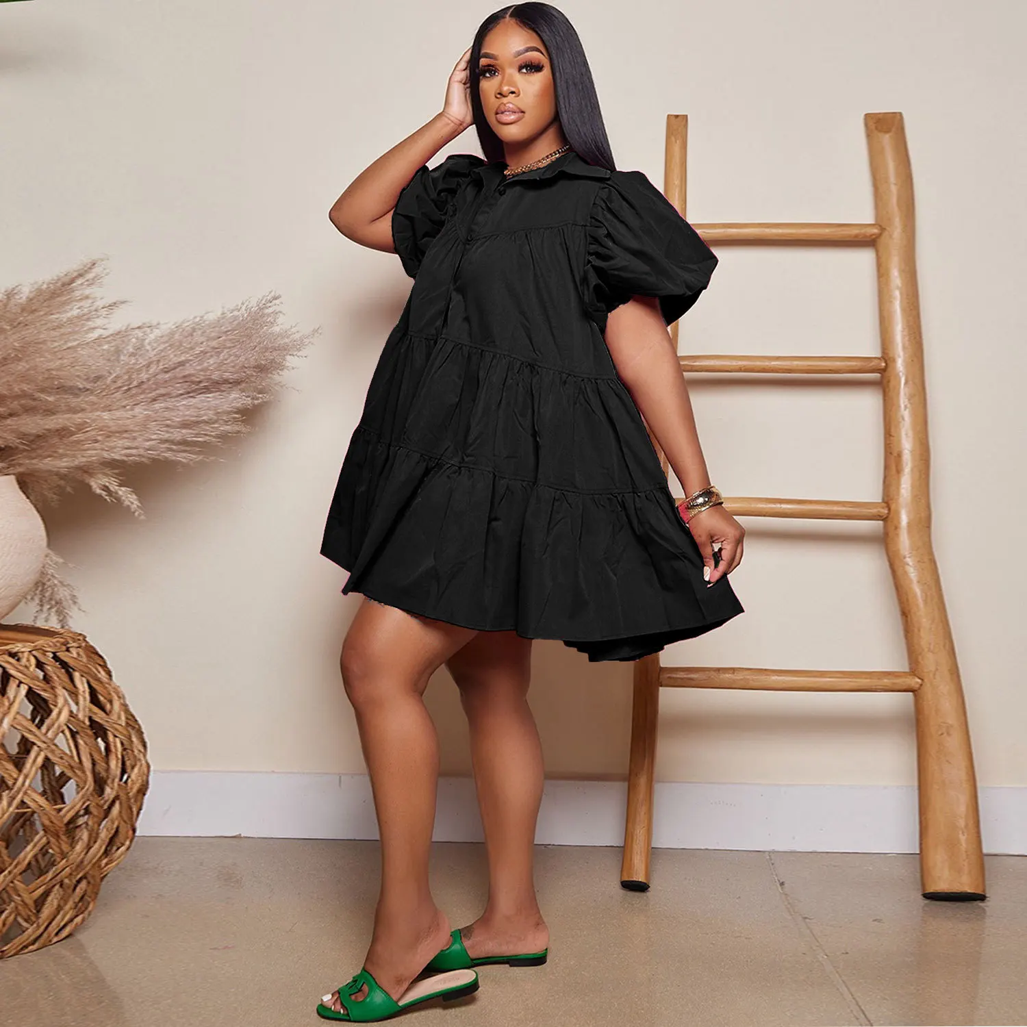 CM.YAYA Elegant Women Puff Sleeve Single Breasted Lapel Collar Babydoll Dress Street White Big Swing Loose Smock Shirt Dresses CM.YAYA Elegant Women Puff Sleeve Single Breasted Lapel Collar Babydoll Dress Street White Big Swing Loose Smock Shirt Dresses