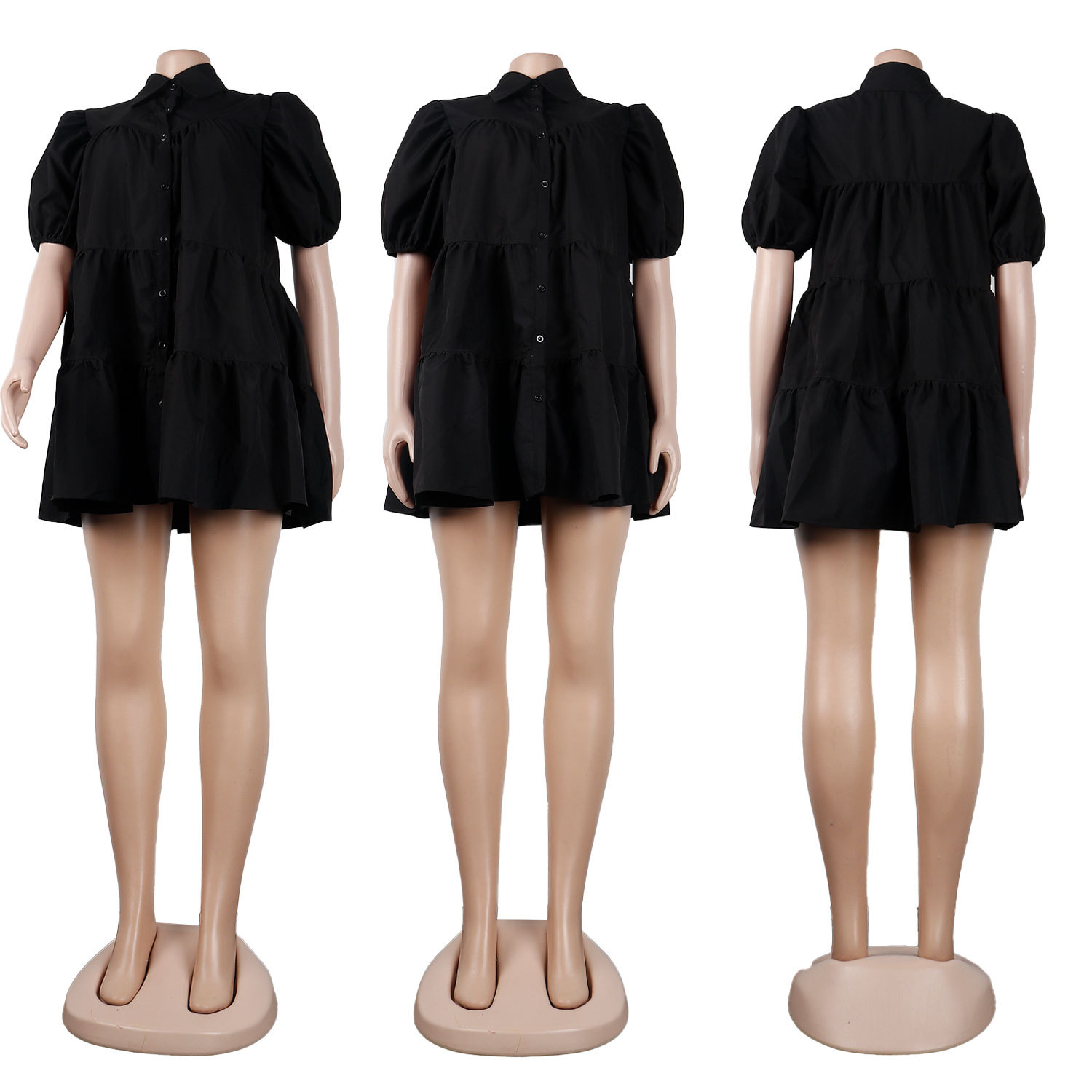 CM.YAYA Elegant Women Puff Sleeve Single Breasted Lapel Collar Babydoll Dress Street White Big Swing Loose Smock Shirt Dresses