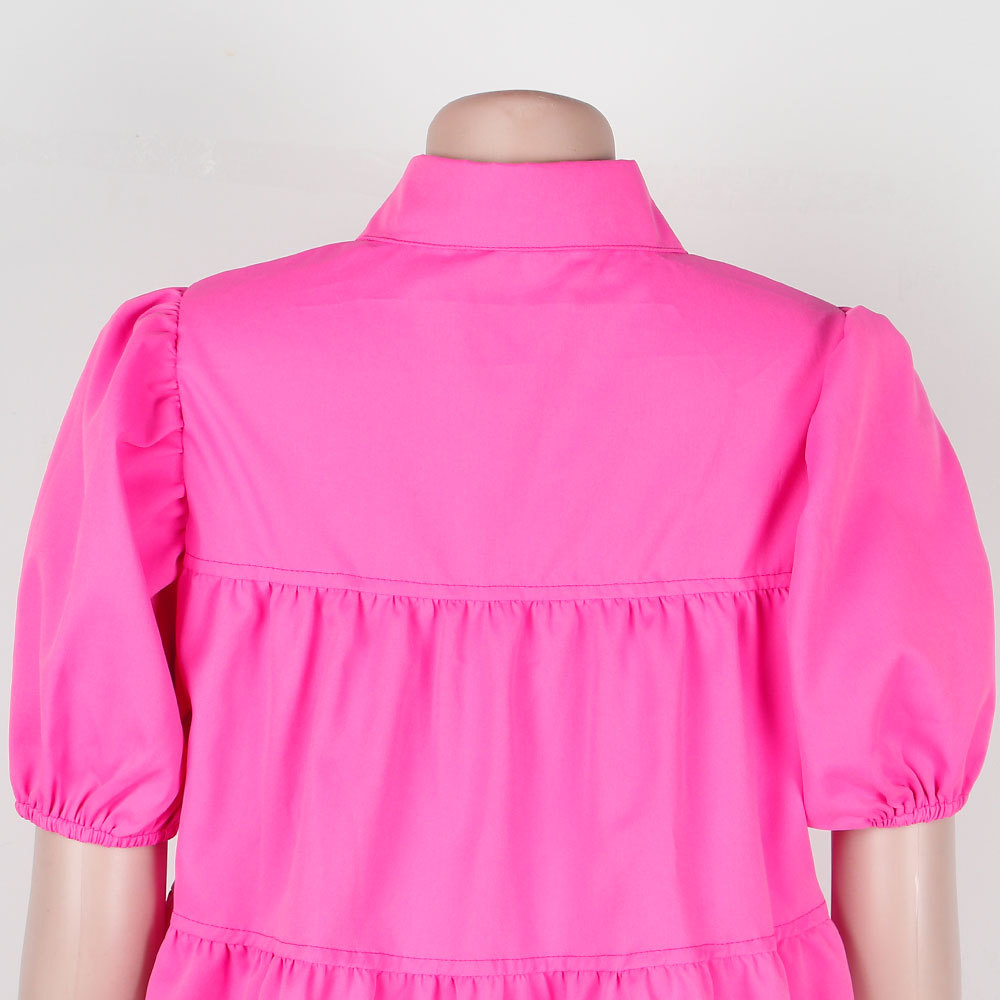 CM.YAYA Elegant Women Puff Sleeve Single Breasted Lapel Collar Babydoll Dress Street White Big Swing Loose Smock Shirt Dresses