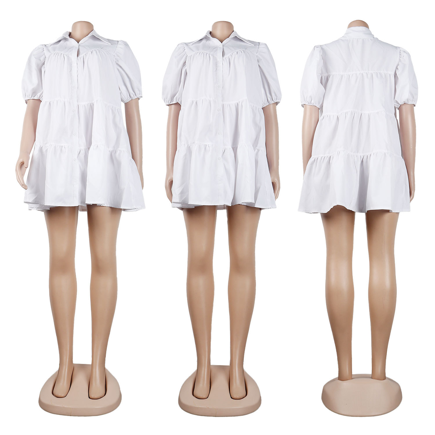 CM.YAYA Elegant Women Puff Sleeve Single Breasted Lapel Collar Babydoll Dress Street White Big Swing Loose Smock Shirt Dresses