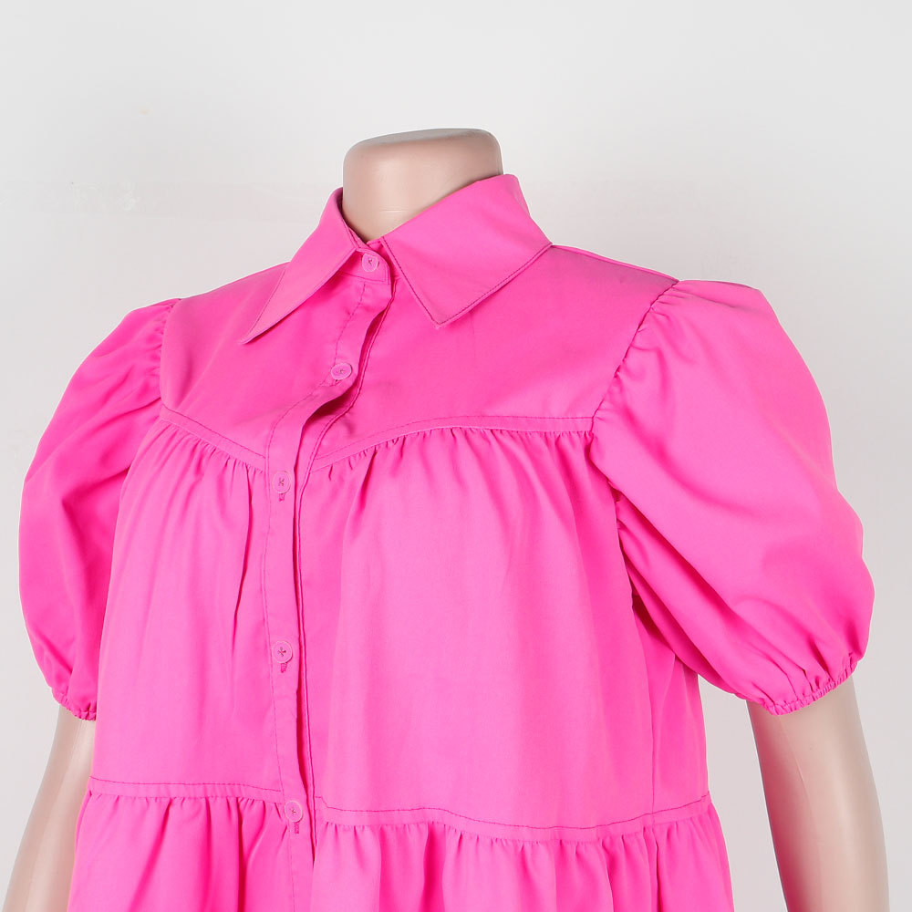 CM.YAYA Elegant Women Puff Sleeve Single Breasted Lapel Collar Babydoll Dress Street White Big Swing Loose Smock Shirt Dresses