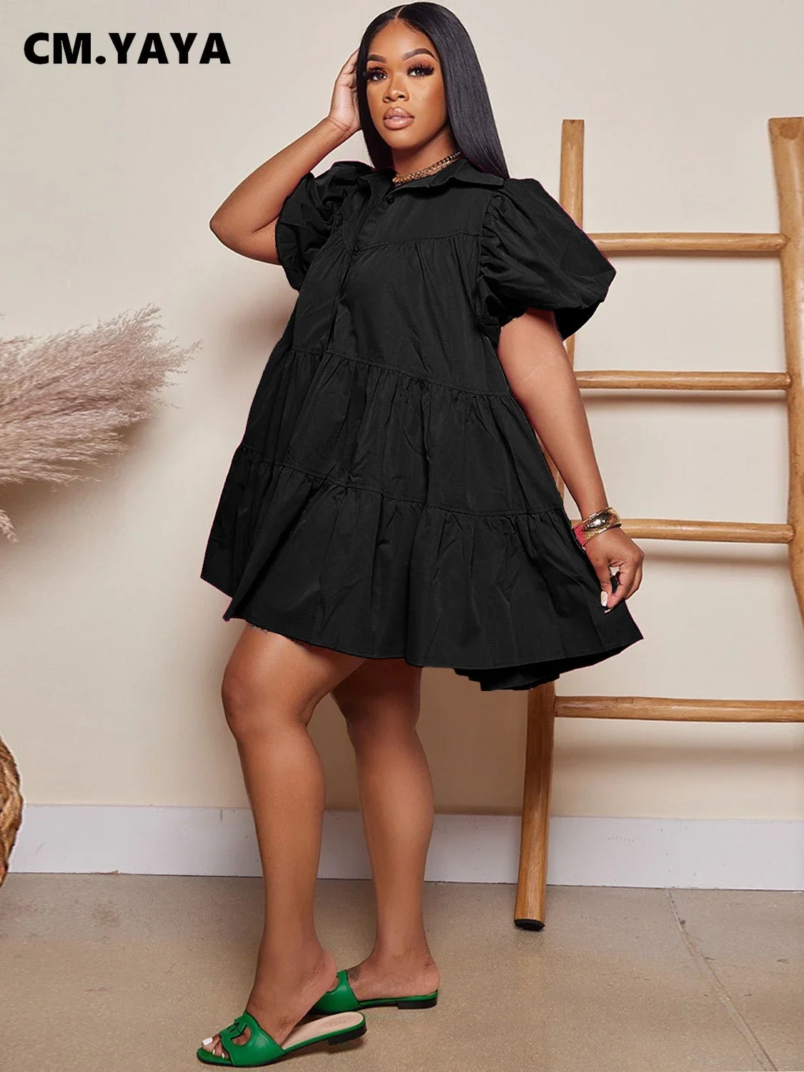 CM.YAYA Elegant Women Puff Sleeve Single Breasted Lapel Collar Babydoll Dress Street White Big Swing Loose Smock Shirt Dresses CM.YAYA Elegant Women Puff Sleeve Single Breasted Lapel Collar Babydoll Dress Street White Big Swing Loose Smock Shirt Dresses