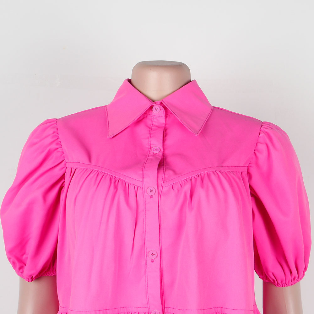 CM.YAYA Elegant Women Puff Sleeve Single Breasted Lapel Collar Babydoll Dress Street White Big Swing Loose Smock Shirt Dresses