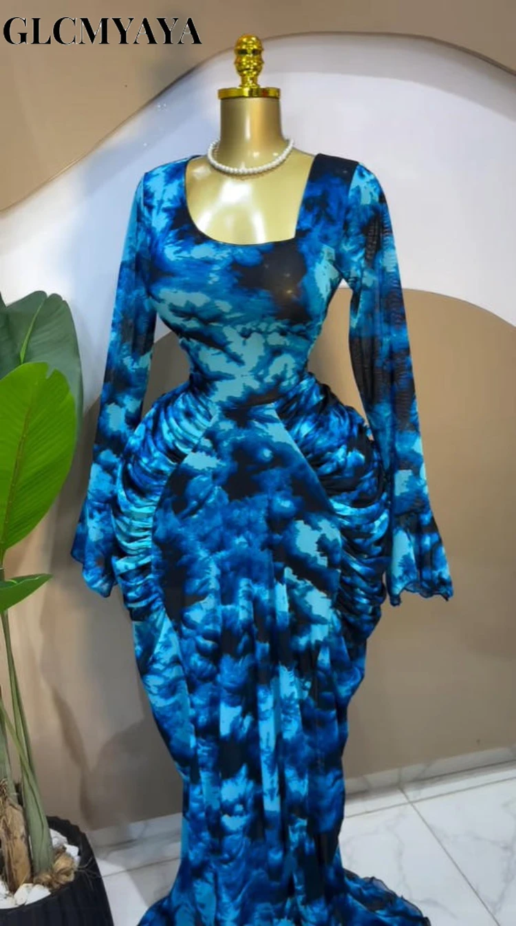 CM.YAYA Women Floral Tie Dye Print Stacked Ruched Long Sleeve A-line Maxi Long Dress 2025 Birthda Party Education Trendy Dresses