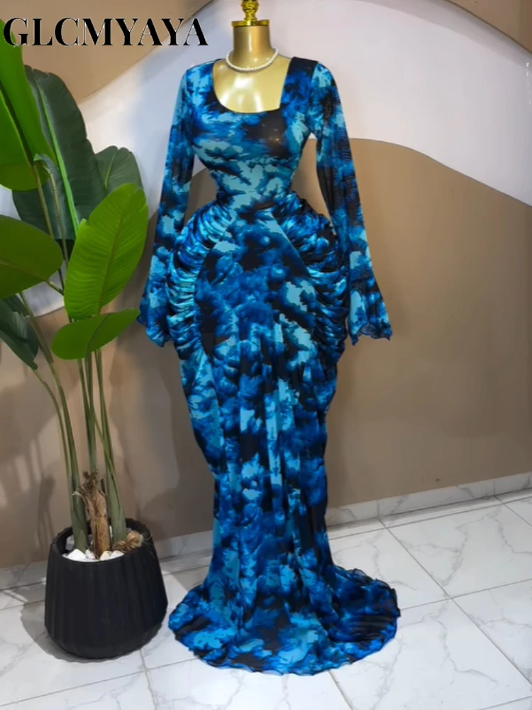 CM.YAYA Women Floral Tie Dye Print Stacked Ruched Long Sleeve A-line Maxi Long Dress 2025 Birthda Party Education Trendy Dresses