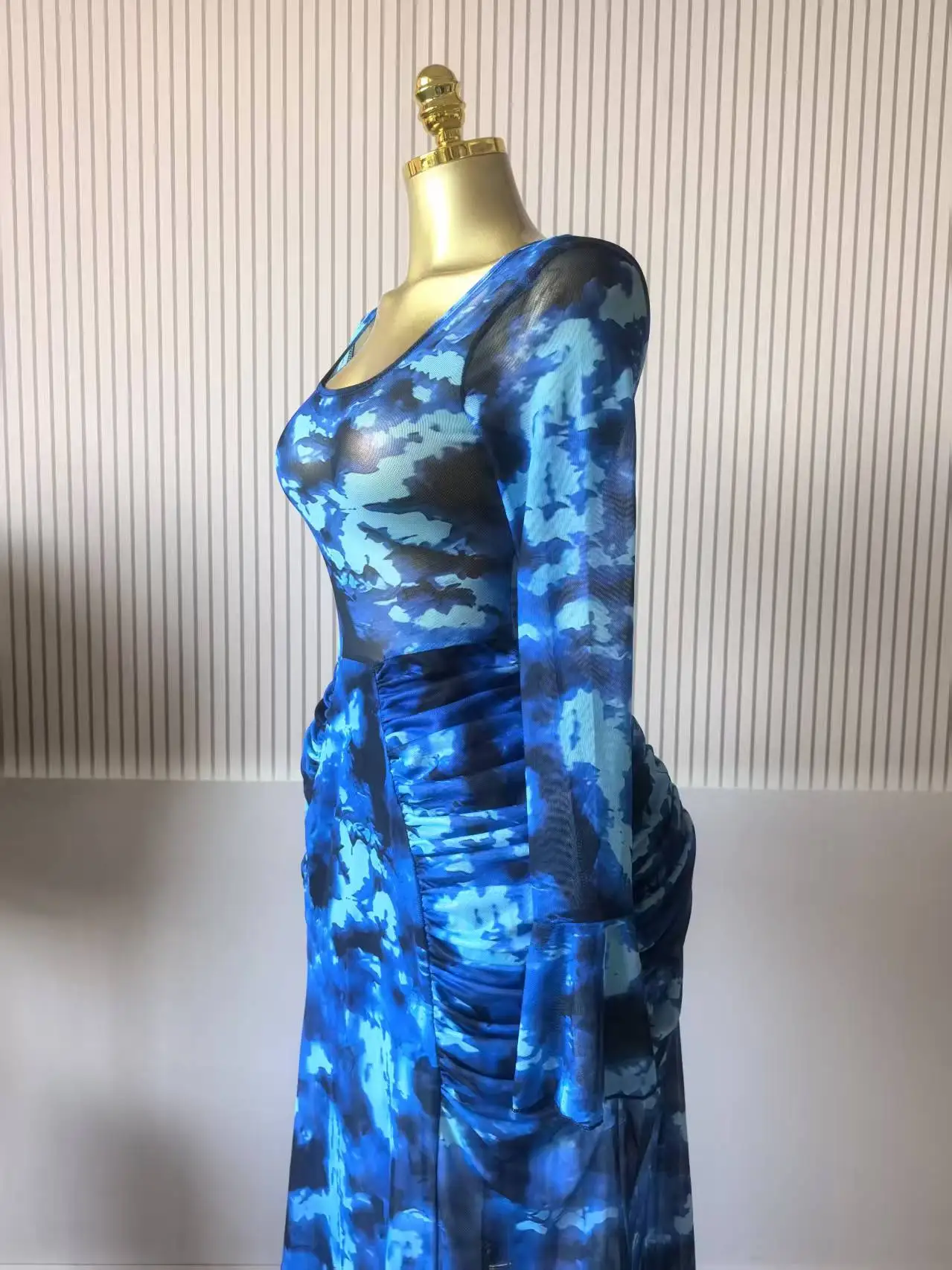 CM.YAYA Women Floral Tie Dye Print Stacked Ruched Long Sleeve A-line Maxi Long Dress 2025 Birthda Party Education Trendy Dresses