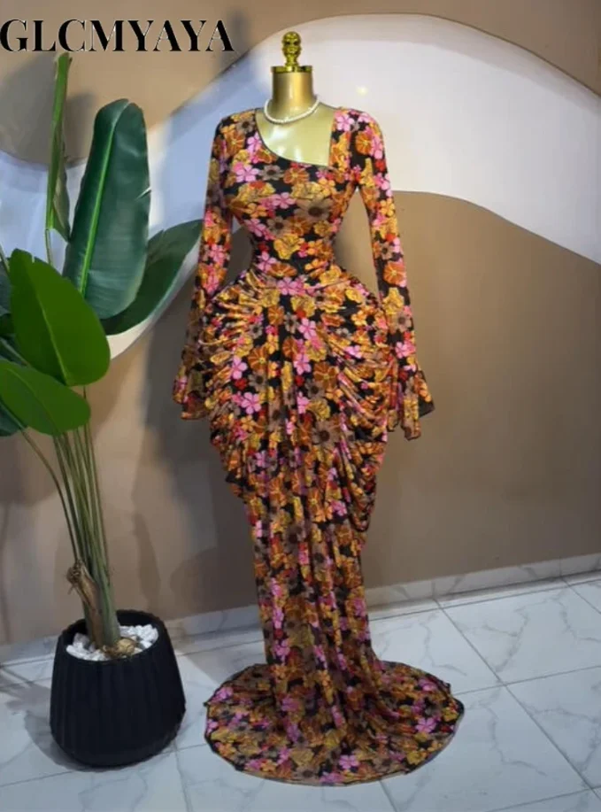 CM.YAYA Women Floral Tie Dye Print Stacked Ruched Long Sleeve A-line Maxi Long Dress 2025 Birthda Party Education Trendy Dresses