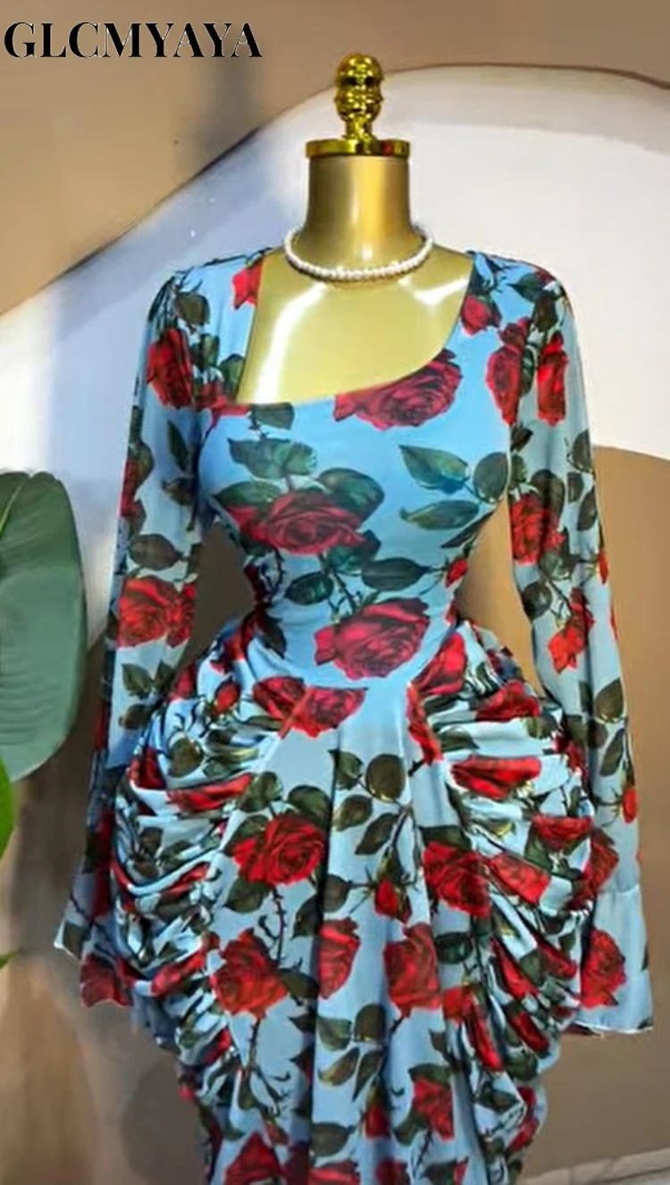 CM.YAYA Women Floral Tie Dye Print Stacked Ruched Long Sleeve A-line Maxi Long Dress 2025 Birthda Party Education Trendy Dresses