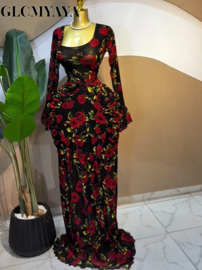 CM.YAYA Women Floral Tie Dye Print Stacked Ruched Long Sleeve A-line Maxi Long Dress 2025 Birthda Party Education Trendy Dresses